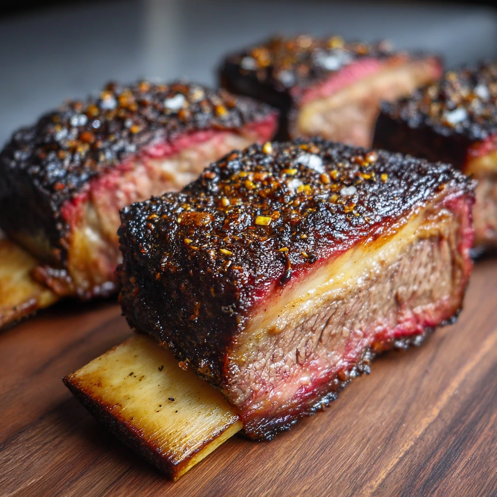 Smoked short ribs on a grill with a delicious caramelized crust.