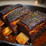 Smoked short ribs on a grill with a delicious caramelized crust.