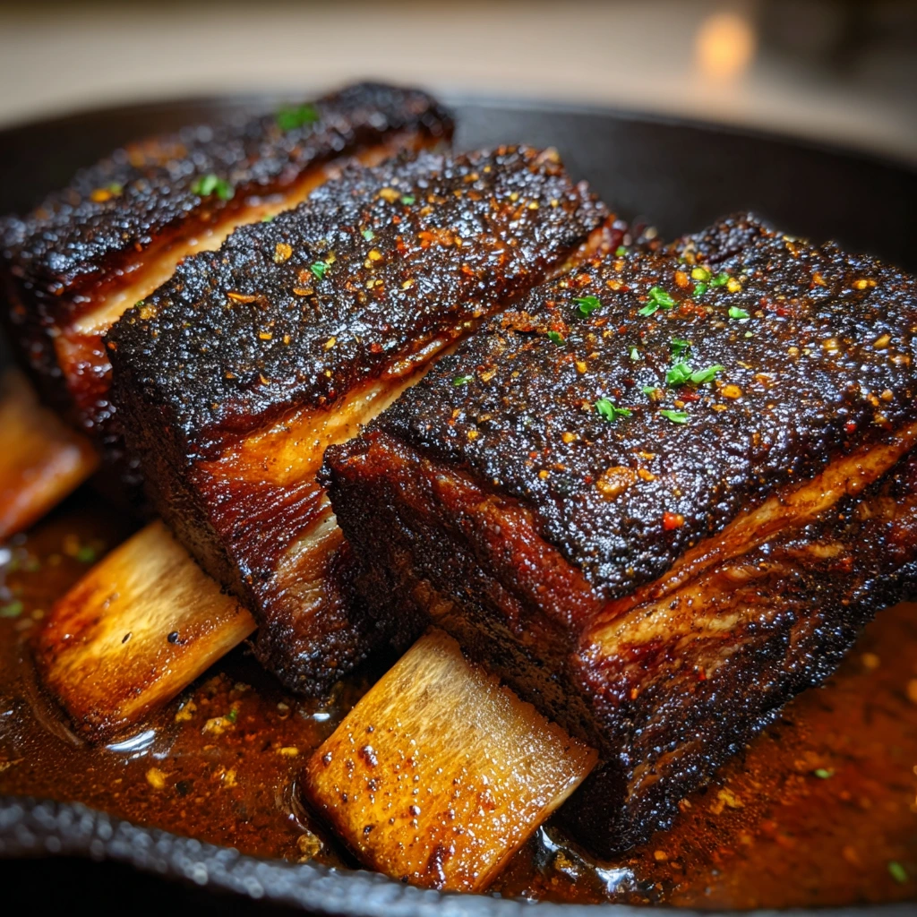 Smoked short ribs on a grill with a delicious caramelized crust.