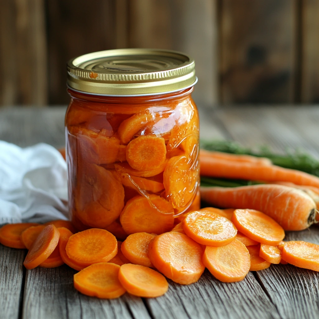 Homemade canned carrots in glass jars, ready for storage