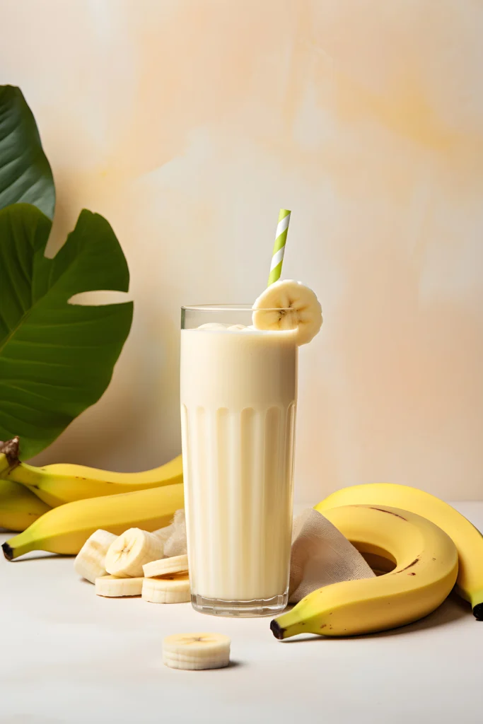 Iced banana coffee drink in a tall glass with a straw and banana slices garnish