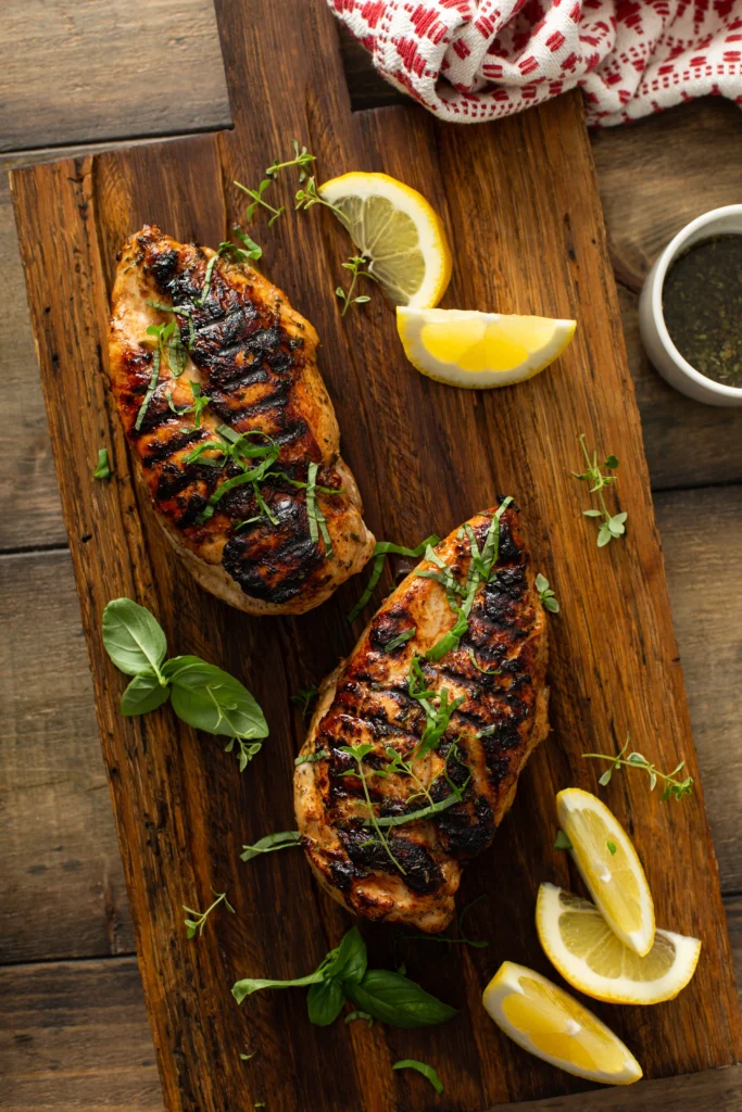 Golden-brown grilled lemonade chicken with charred grill marks and fresh lemon wedges on a platter.