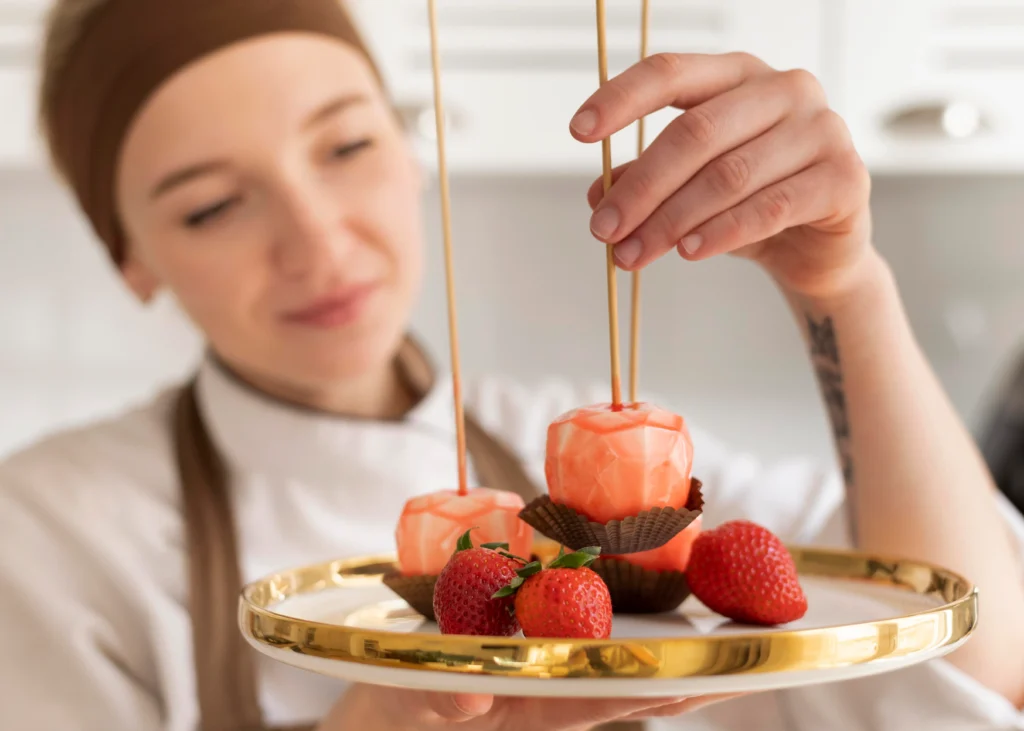 Tanghulu recipe showing candied strawberries coated in a shiny sugar glaze on skewers.
