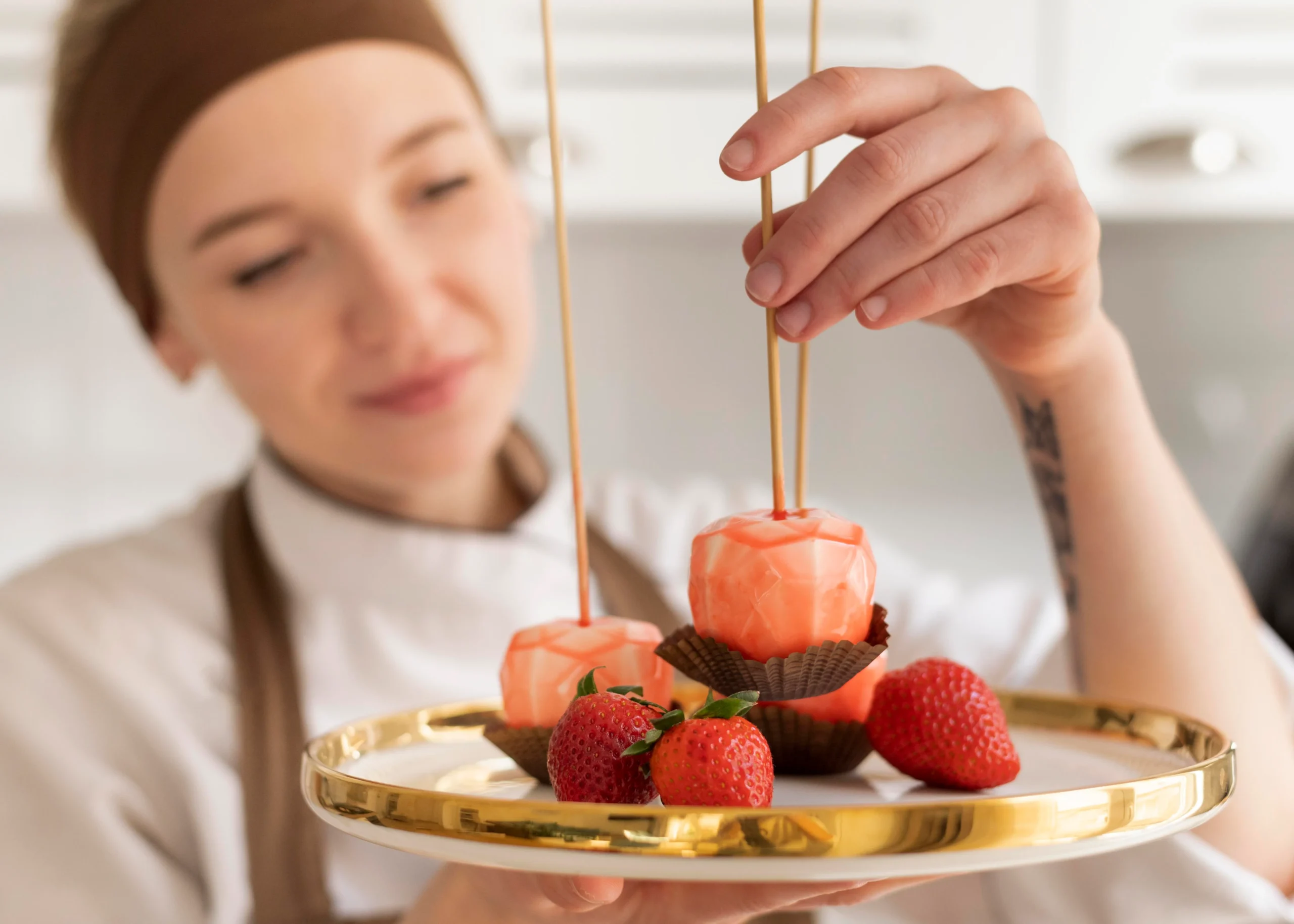 Tanghulu recipe showing candied strawberries coated in a shiny sugar glaze on skewers.