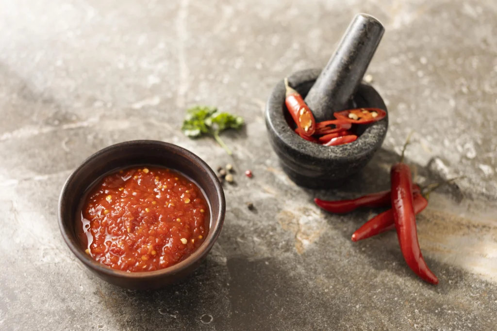 Homemade Tabasco sauce in a glass bottle with fresh red chili peppers and garlic on a wooden table.
