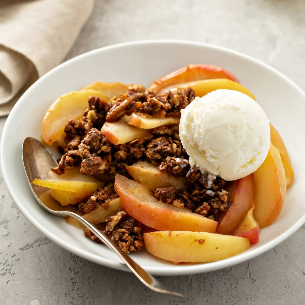 Freshly baked classic peach crisp with a golden, oat topping and juicy peaches.