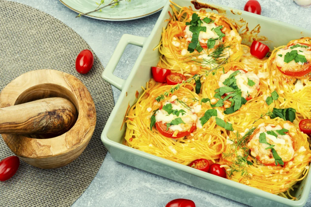 Baked Cream Cheese Spaghetti Casserole fresh from the oven