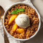 Freshly baked classic peach crisp with a golden, oat topping and juicy peaches