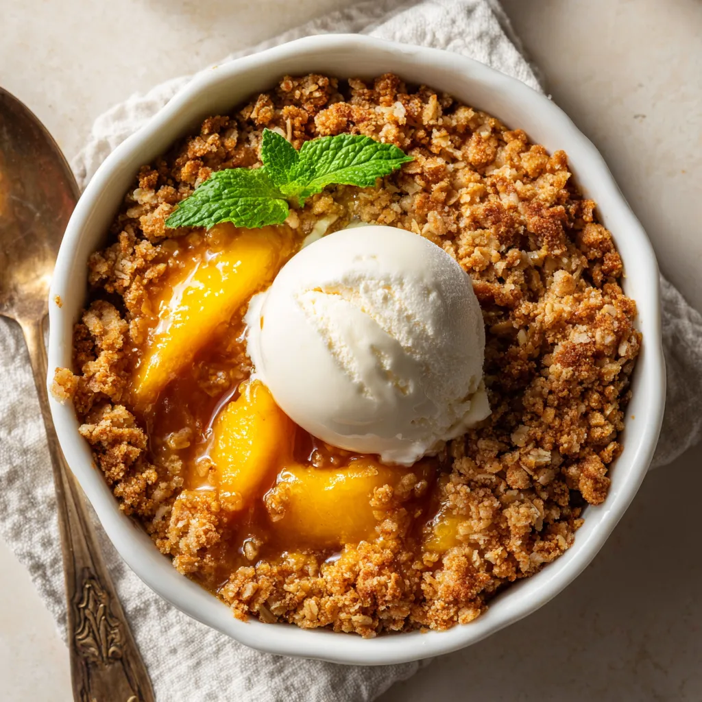 Freshly baked classic peach crisp with a golden, oat topping and juicy peaches