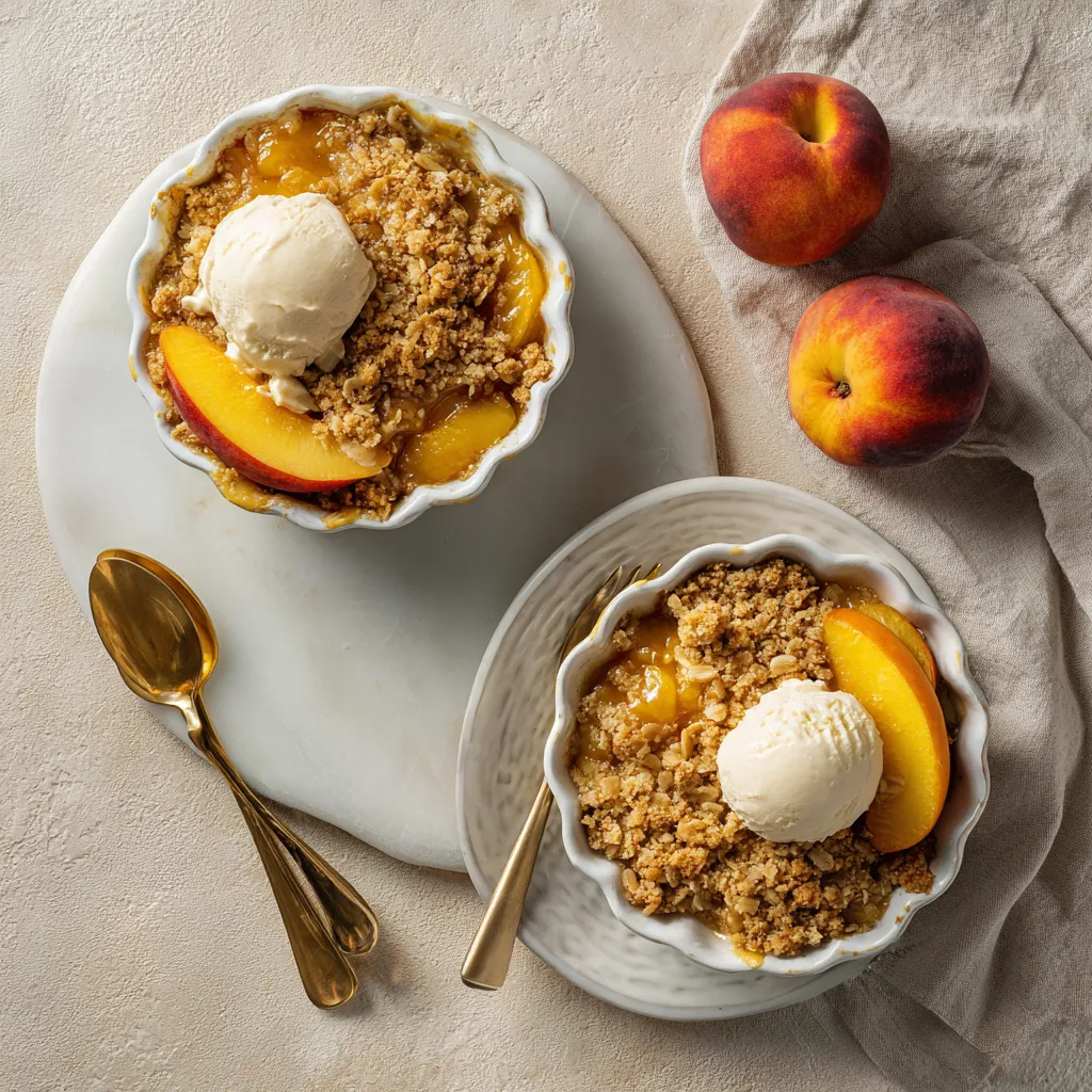 Freshly baked classic peach crisp with a golden, oat topping and juicy peaches.