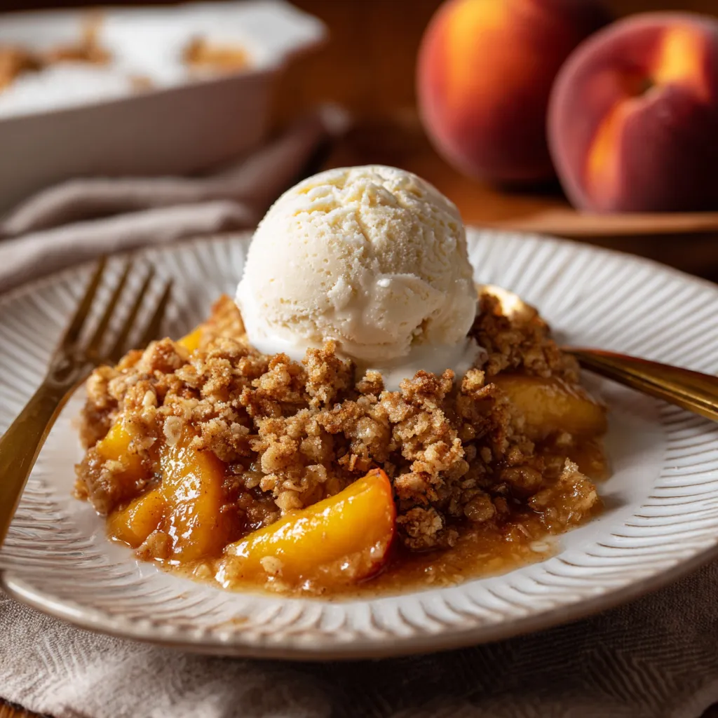 Freshly baked classic peach crisp with a golden, oat topping and juicy peaches.