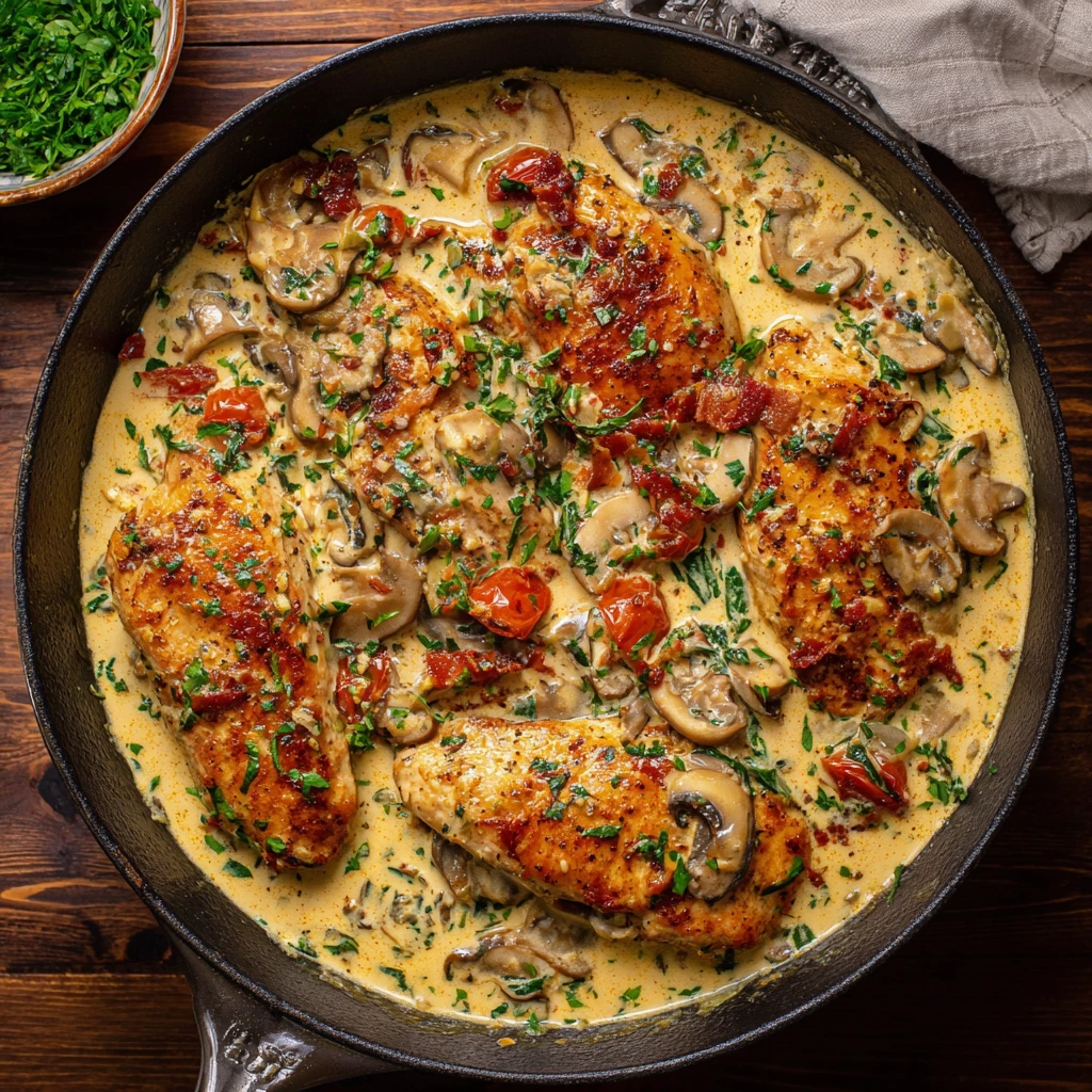 Creamy Marry Me Chicken served in a skillet with sun-dried tomatoes and fresh basil.