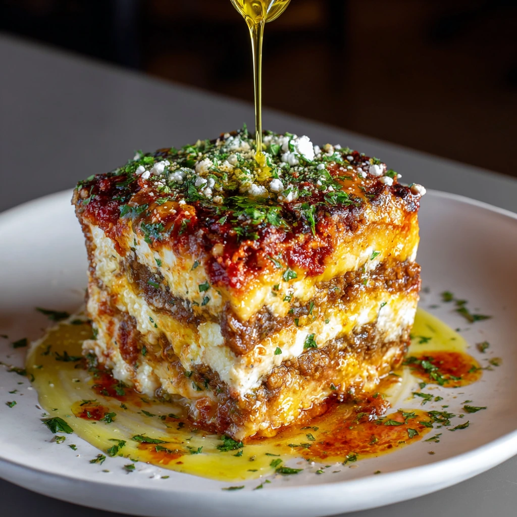 Authentic Don Angie lasagna with layers of creamy mascarpone, rich meat sauce, and melted mozzarella cheese