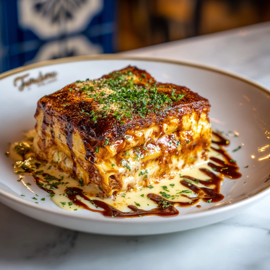 Authentic Don Angie lasagna with layers of creamy mascarpone, rich meat sauce, and melted mozzarella cheese