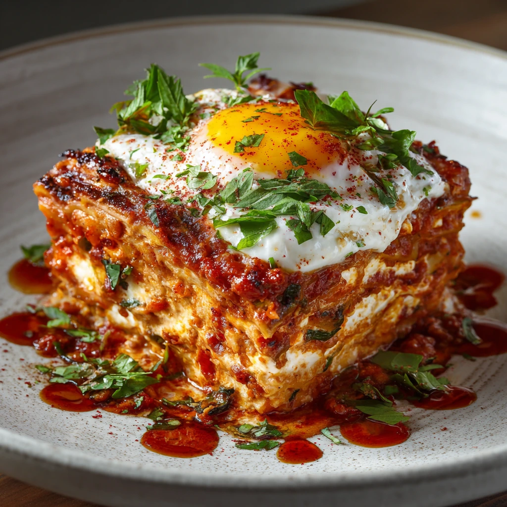 Authentic Don Angie lasagna with layers of creamy mascarpone, rich meat sauce, and melted mozzarella cheese