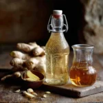 Homemade ginger syrup in a glass jar with fresh ginger slices and lemon on the side.