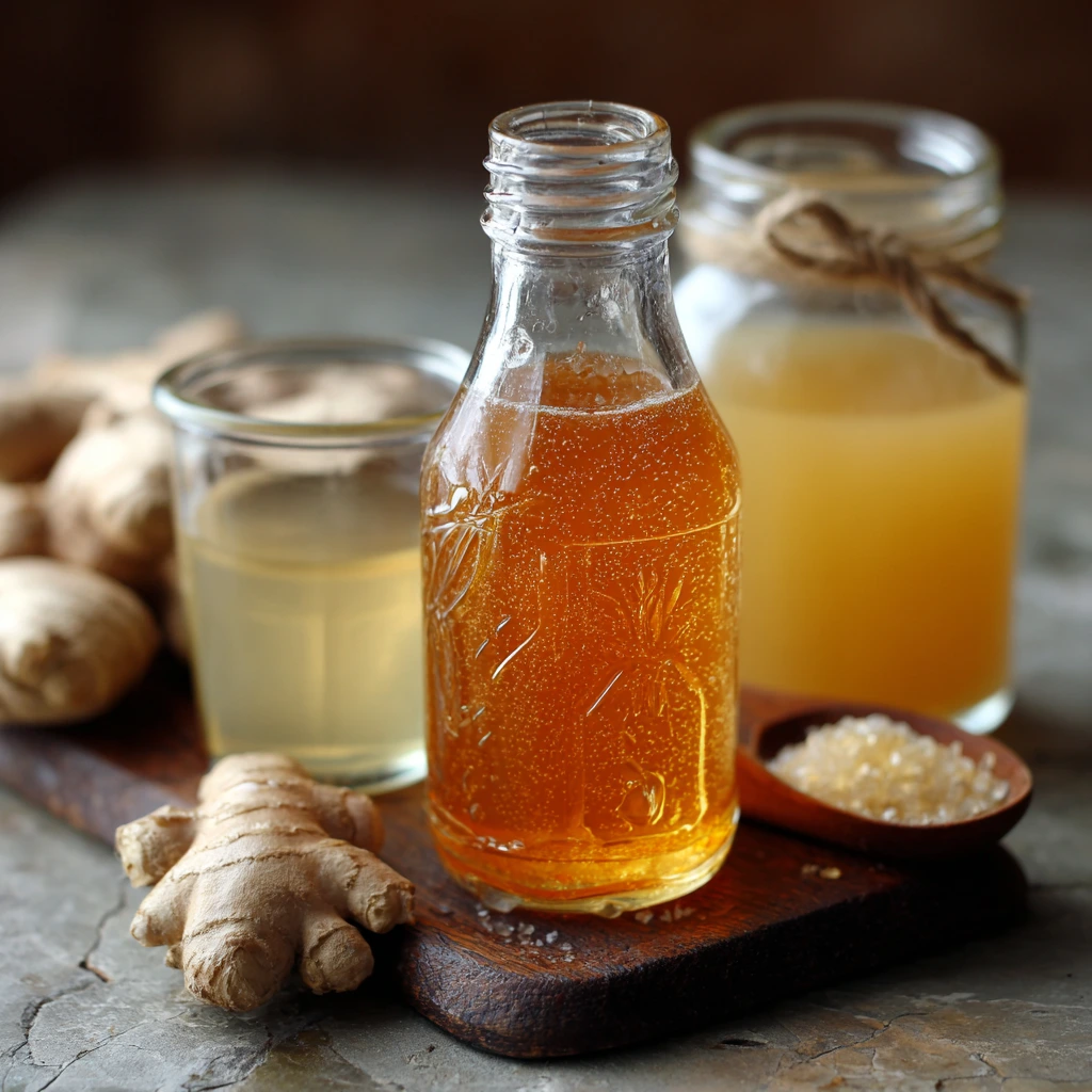Homemade ginger syrup in a glass jar with fresh ginger slices and lemon on the side.