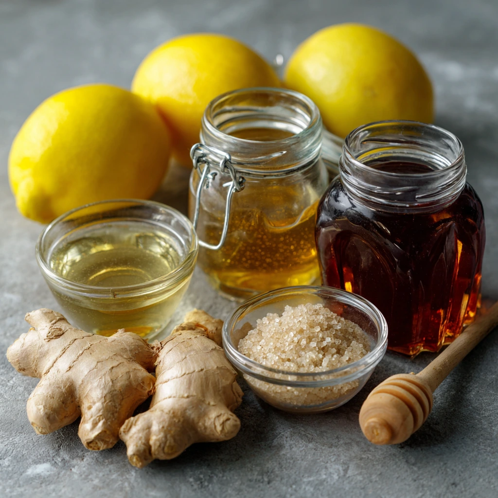 Homemade ginger syrup in a glass jar with fresh ginger slices and lemon on the side.