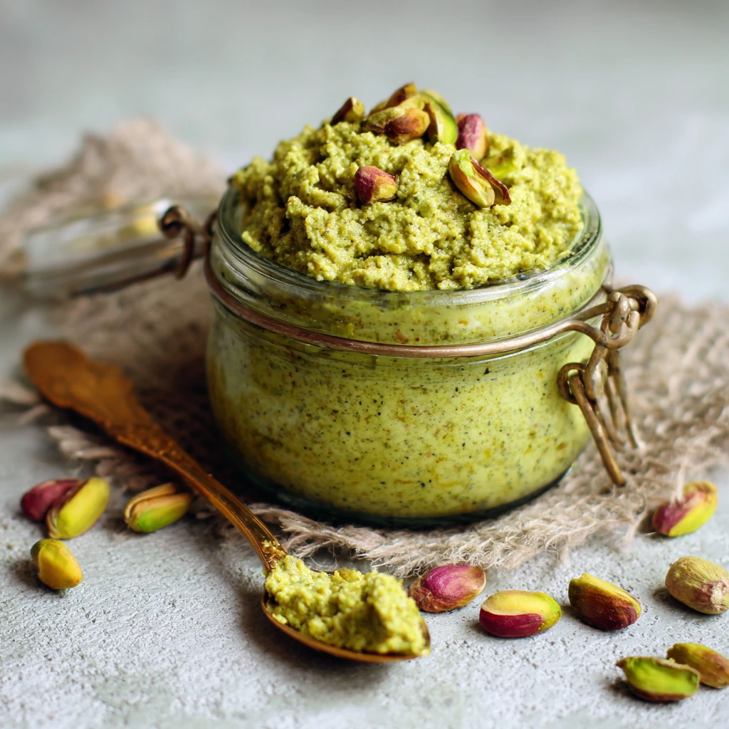 Homemade pistachio paste in a glass jar with fresh pistachios and a spoon on a rustic wooden table