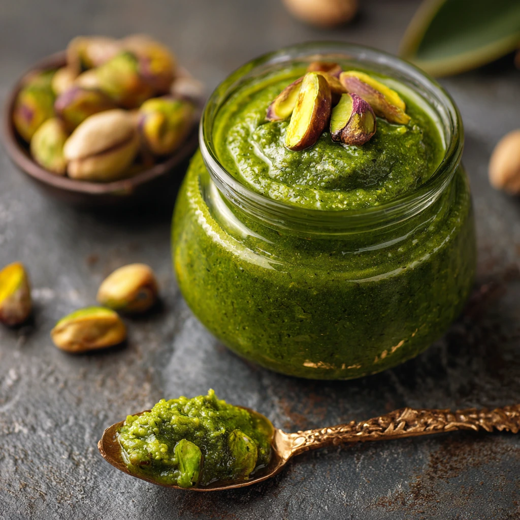 Homemade pistachio paste in a glass jar with fresh pistachios and a spoon on a rustic wooden table