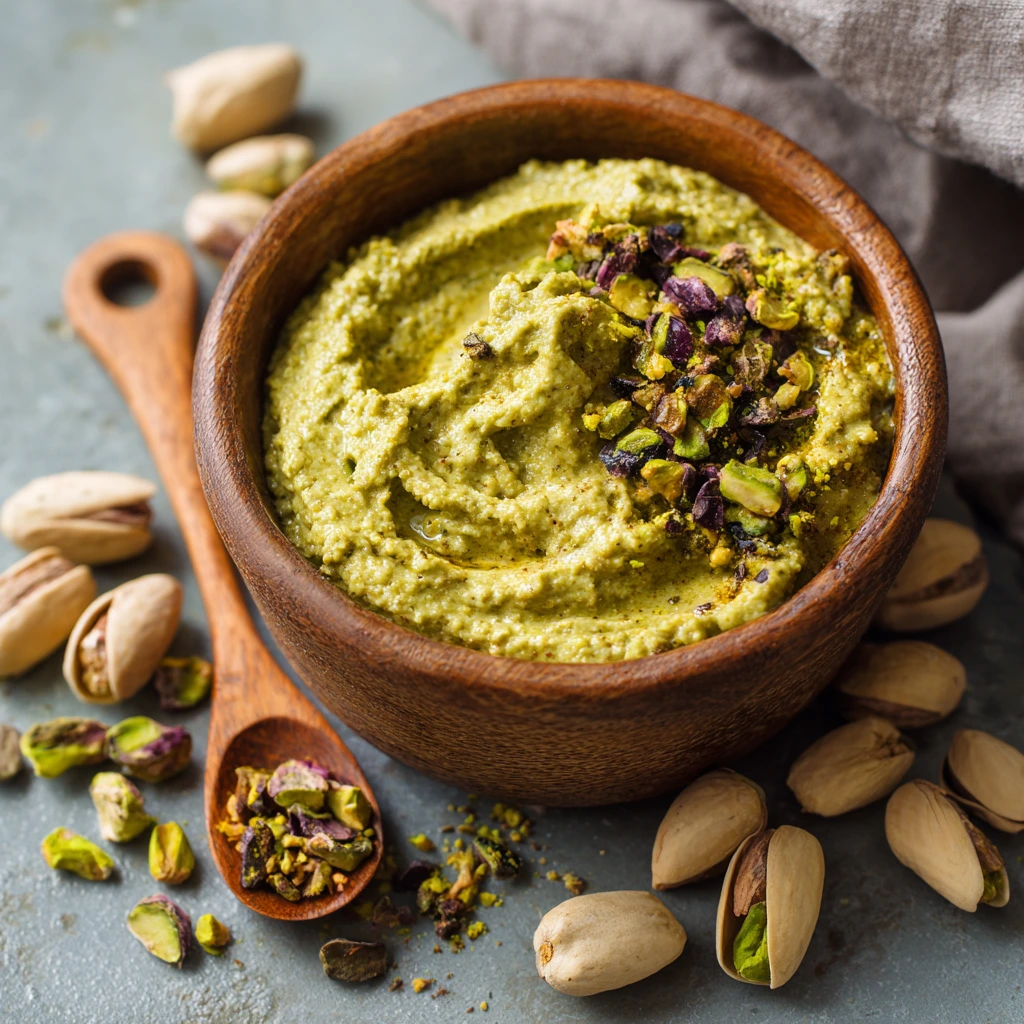 Homemade pistachio paste in a glass jar with fresh pistachios and a spoon on a rustic wooden table