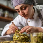 Homemade pistachio paste in a glass jar with fresh pistachios and a spoon on a rustic wooden table