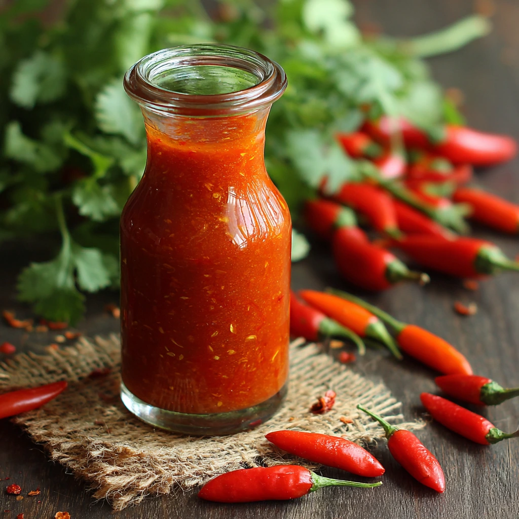 Homemade Tabasco sauce in a glass bottle with fresh red chili peppers and garlic on a wooden table.