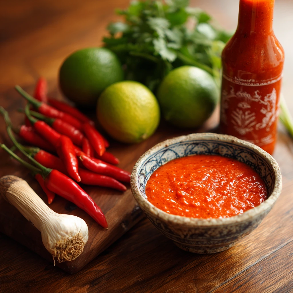 Homemade Tabasco sauce in a glass bottle with fresh red chili peppers and garlic on a wooden table.