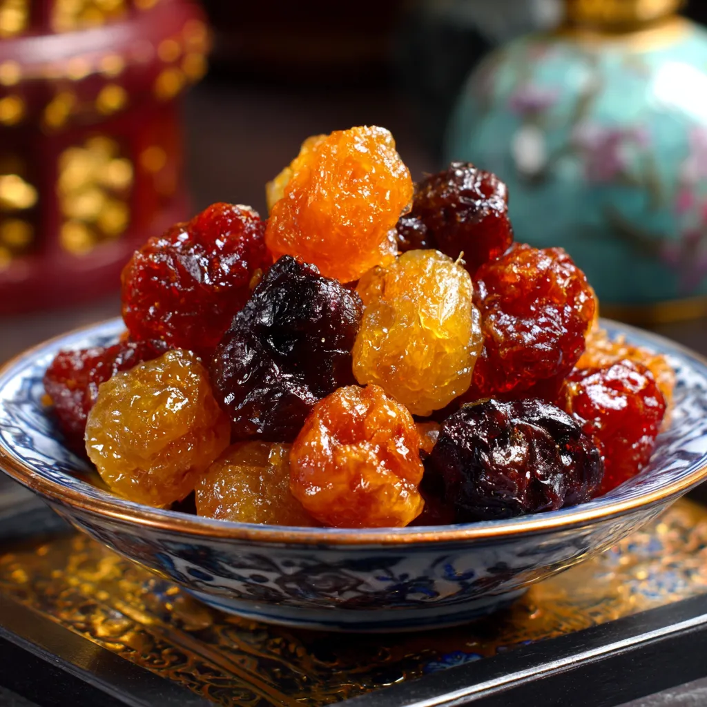 Tanghulu recipe showing candied strawberries coated in a shiny sugar glaze on skewers.