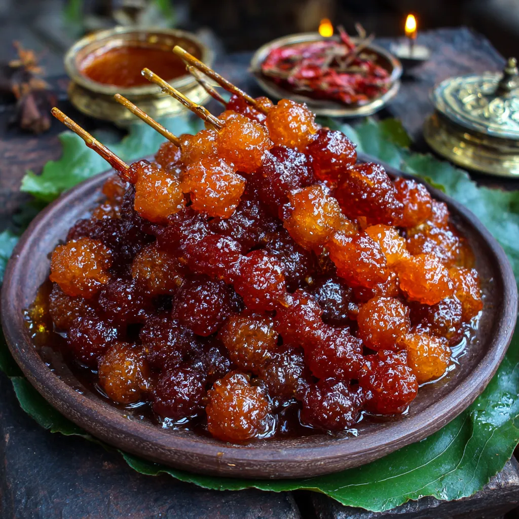 Tanghulu recipe showing candied strawberries coated in a shiny sugar glaze on skewers.
