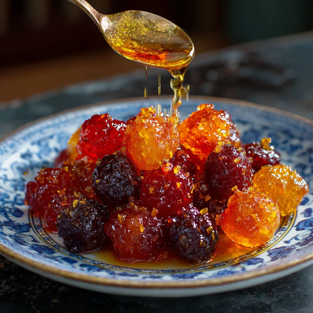 Tanghulu recipe showing candied strawberries coated in a shiny sugar glaze on skewers.