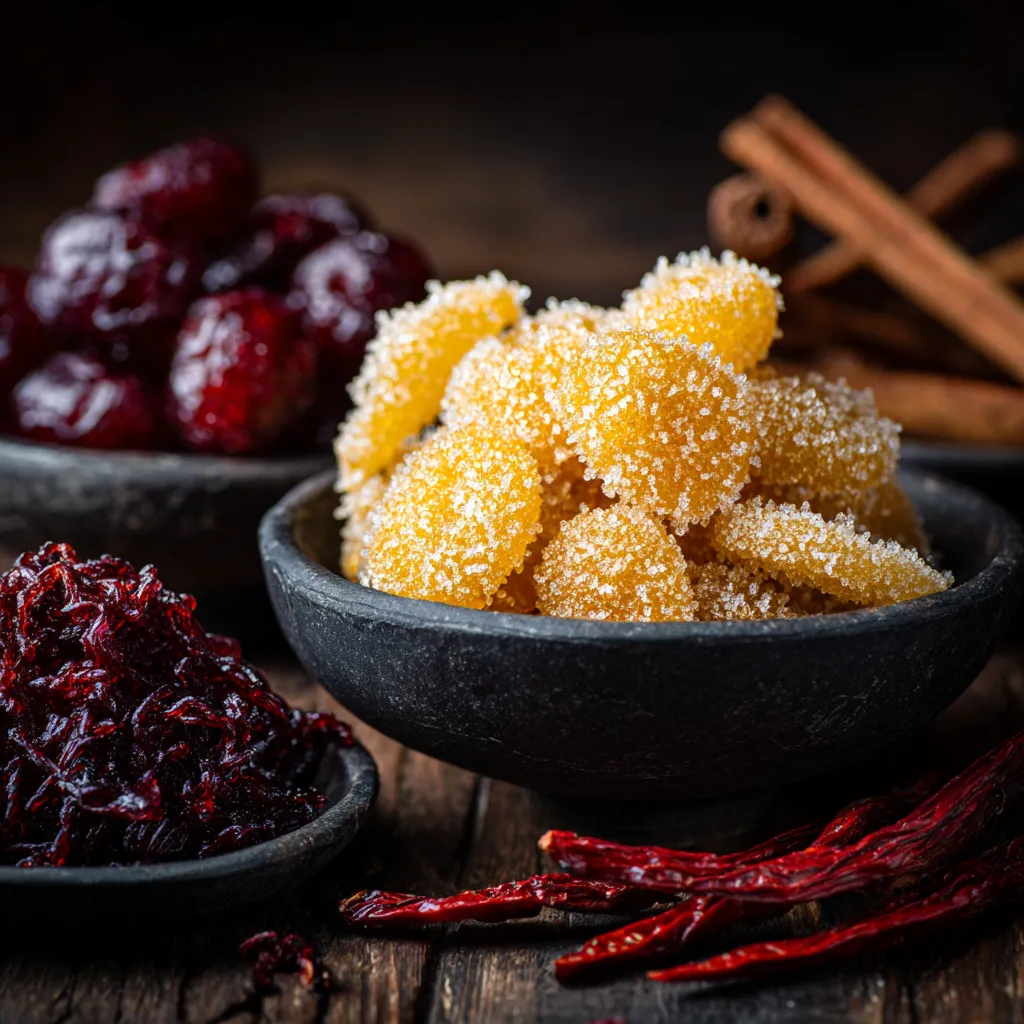 Tanghulu recipe showing candied strawberries coated in a shiny sugar glaze on skewers.