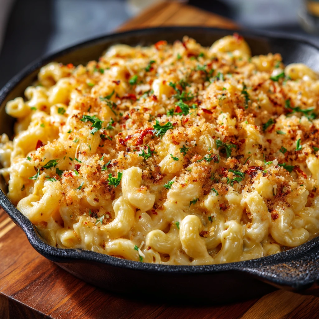 Creamy homemade mac and cheese served in a rustic bowl, topped with melted golden cheddar.
