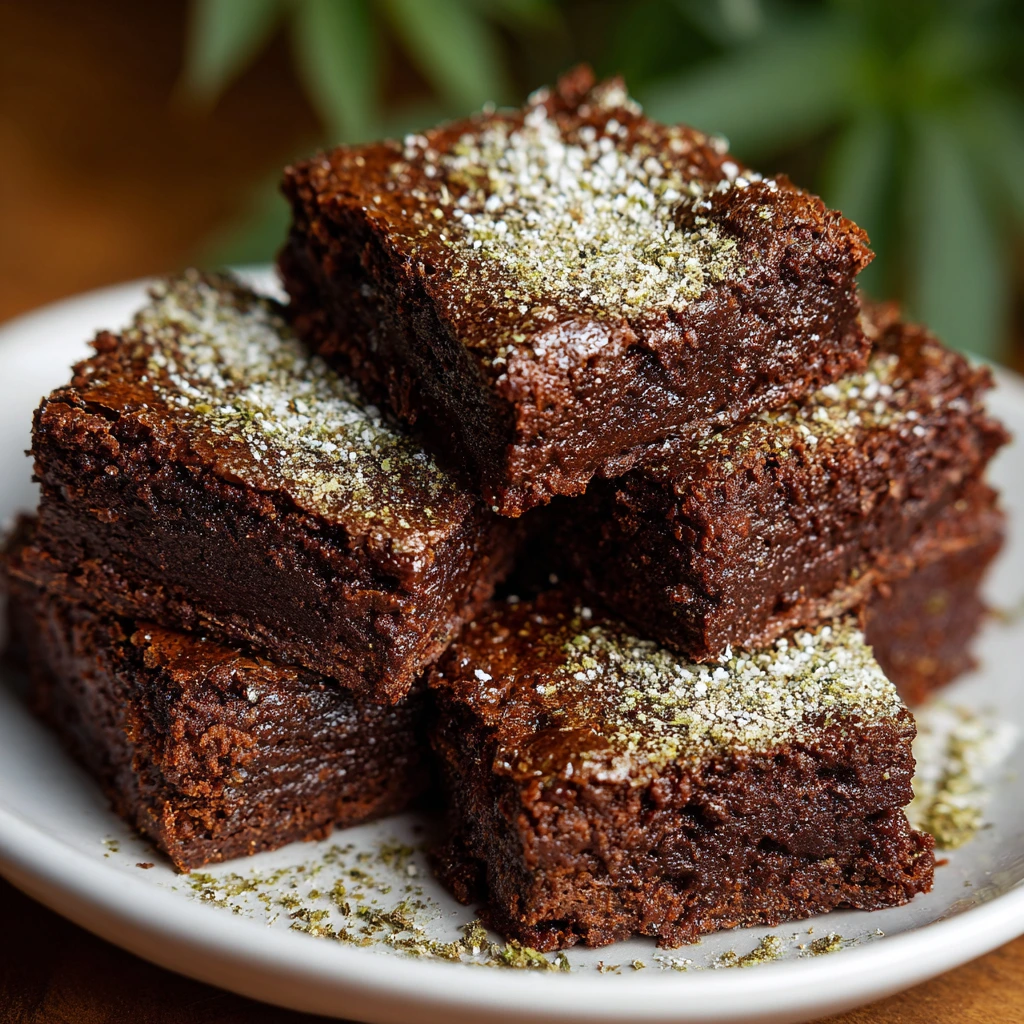 Freshly baked weed brownies on a plate with a rich chocolate topping