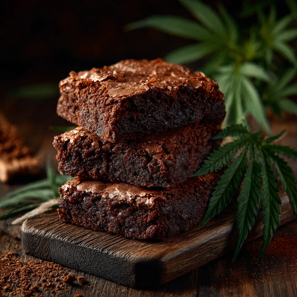 Freshly baked weed brownies on a plate with a rich chocolate topping