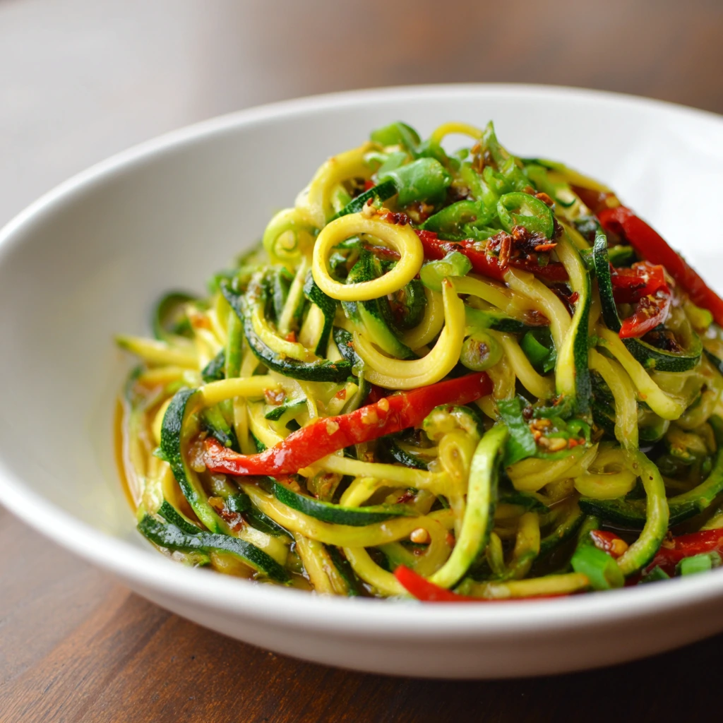 Delicious zucchini noodles with garlic, cherry tomatoes, and fresh basil, topped with Parmesan cheese.
