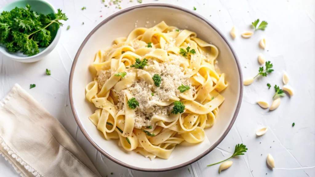 A bowl of creamy Boursin cheese pasta topped with fresh herbs and served in a white dish.
