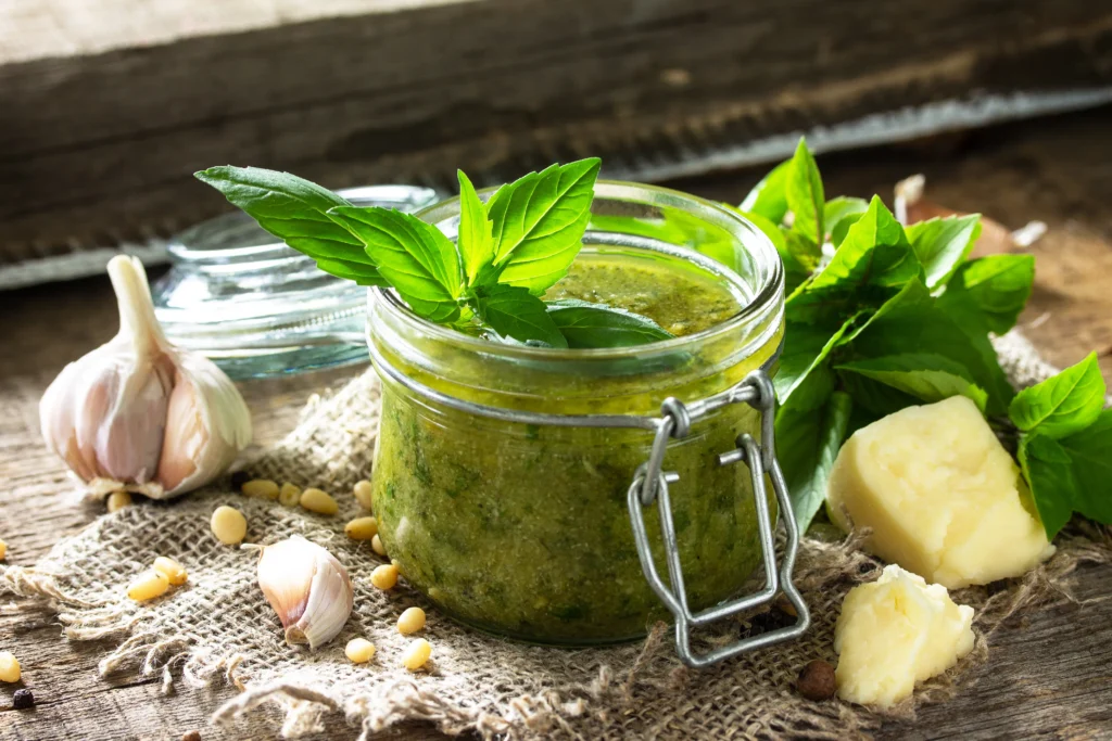 Pesto recipe without pine nuts served with pasta, topped with Parmesan and fresh basil