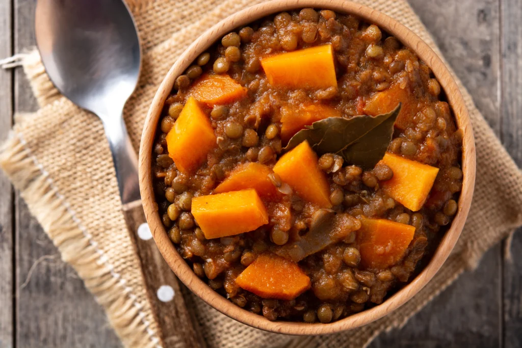 Vegan crockpot stew with vegetables served in a bowl