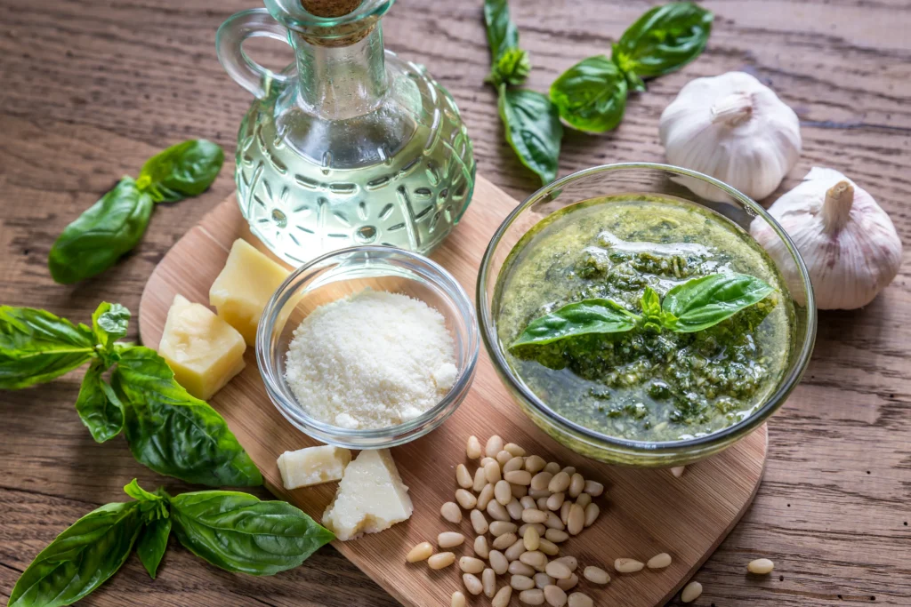 Pesto recipe without pine nuts served with pasta, topped with Parmesan and fresh basil