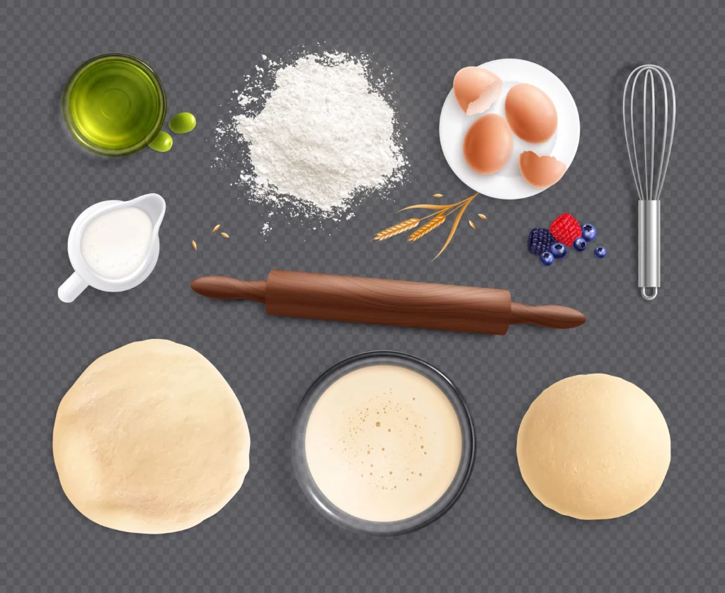 Traditional pierogi dough ingredients and preparation process, showcasing flour, eggs, and water.