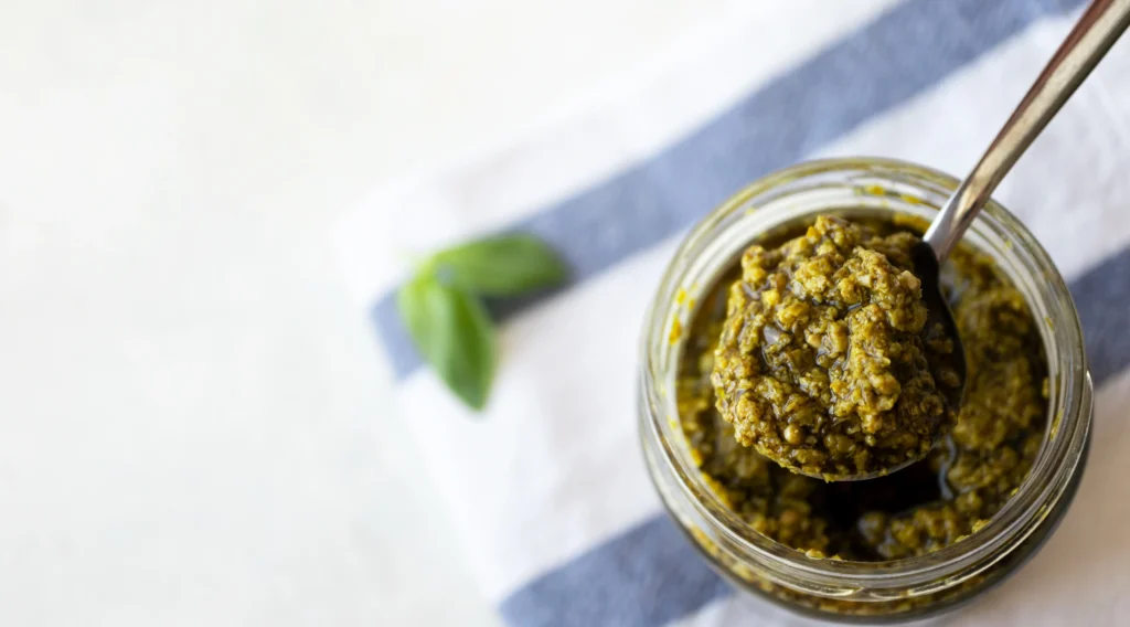 Pesto recipe without pine nuts served with pasta, topped with Parmesan and fresh basil