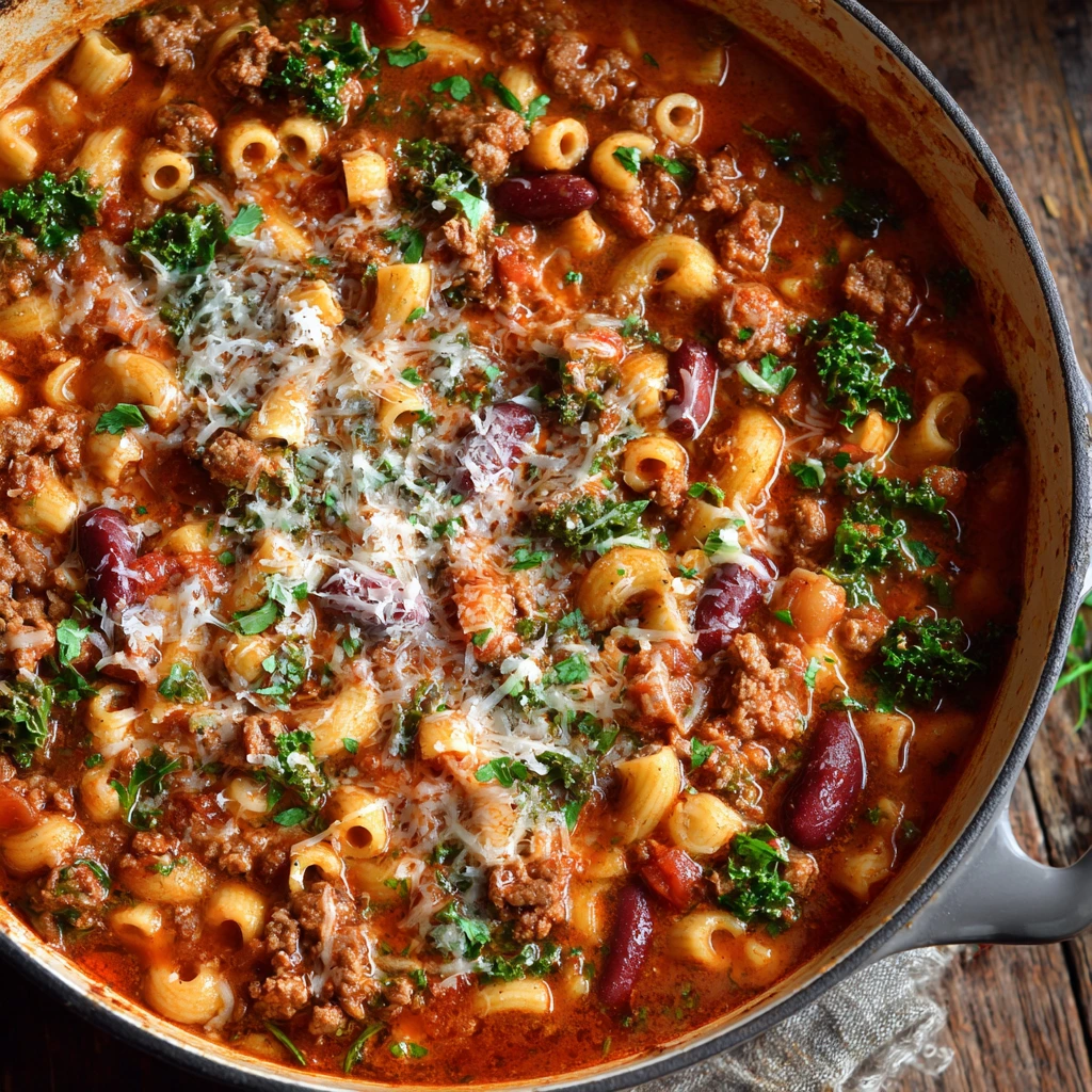 Bowl of authentic Italian Pasta Fagioli with beans, ditalini pasta, and fresh herbs