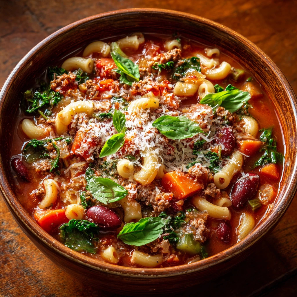 Bowl of authentic Italian Pasta Fagioli with beans, ditalini pasta, and fresh herbs