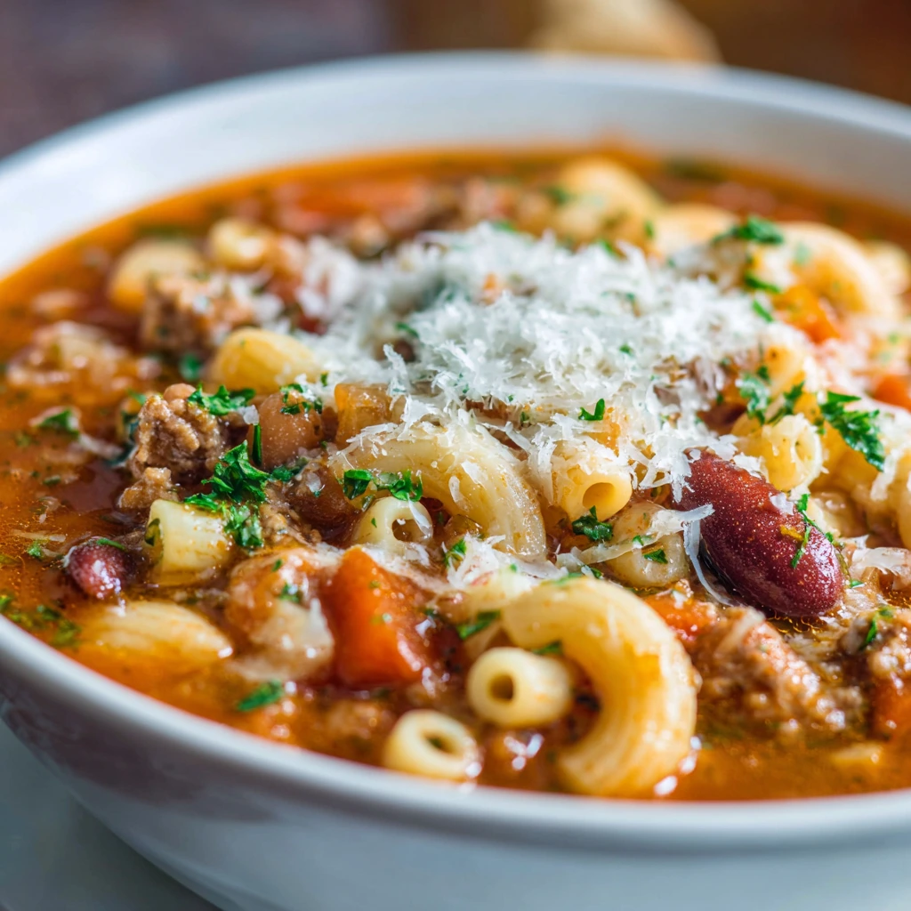 Bowl of authentic Italian Pasta Fagioli with beans, ditalini pasta, and fresh herbs