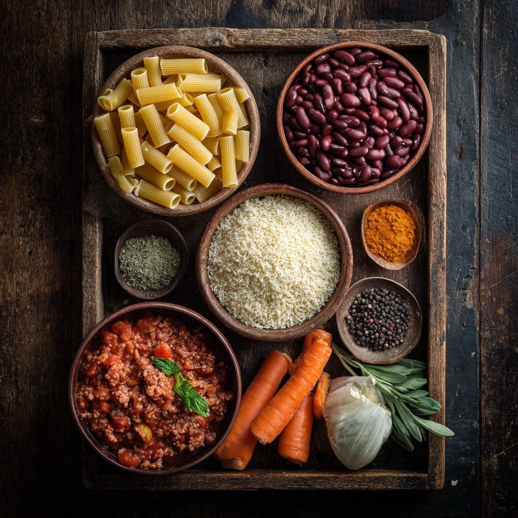 Bowl of authentic Italian Pasta Fagioli with beans, ditalini pasta, and fresh herbs