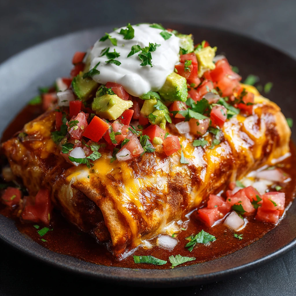 Authentic Mexican Wet Burrito with red sauce topped with cheese and fresh lettuce
