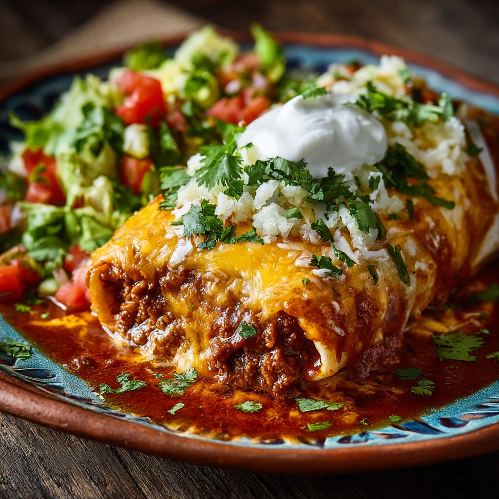 Authentic Mexican Wet Burrito with red sauce topped with cheese and fresh lettuce