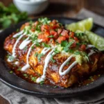 Authentic Mexican Wet Burrito with red sauce topped with cheese and fresh lettuce
