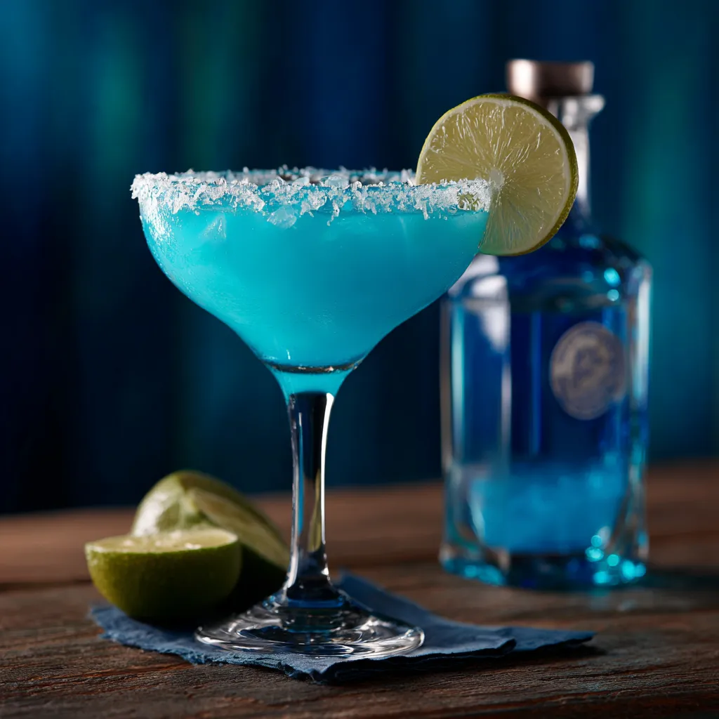 Blue Margarita cocktail in a glass with a lime wedge and blueberries, garnished with a salt rim, served on a summer night